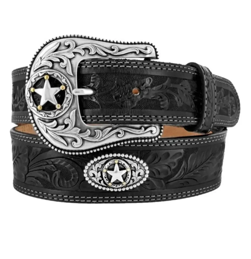Justin Men's Black Floral 5 Star Ranch Tooled Western Belt Size 32